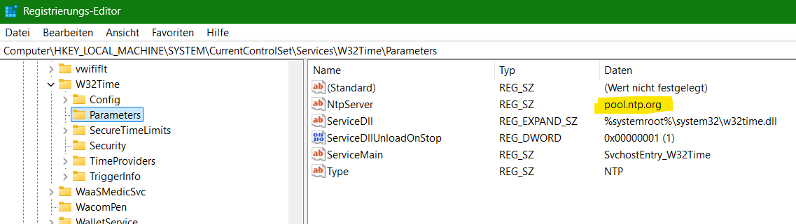 Zeitserver: manueller Eintrag in Registrierungseditor Zeitserver in regedit